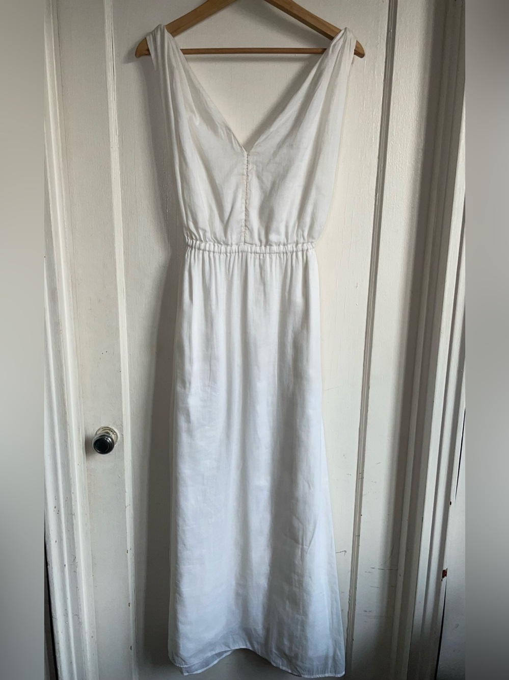 GAP White Ramie Cotton Maxi Dress 12 Tall Deep V Pockets Lined Beach Wedding